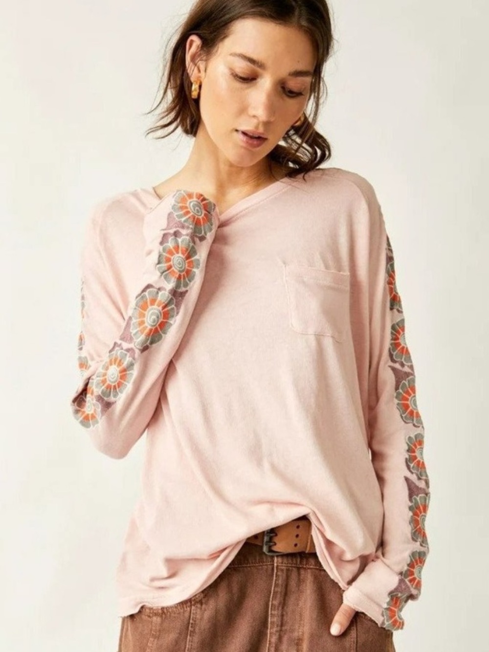 Free People On The Vine Tee Pink Embroidered Oversized Top Medium